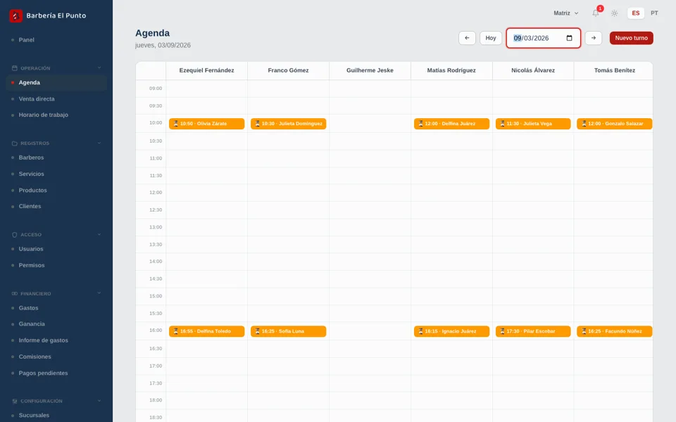 Agenda del día con turnos de varios barberos en el panel de Barberya