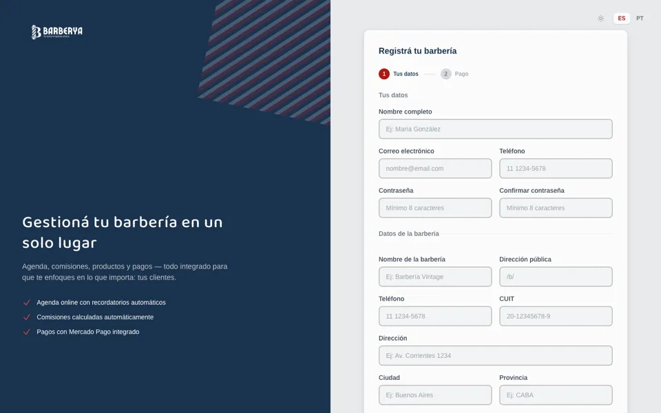 Pantalla de registro de la barbería en el panel de Barberya