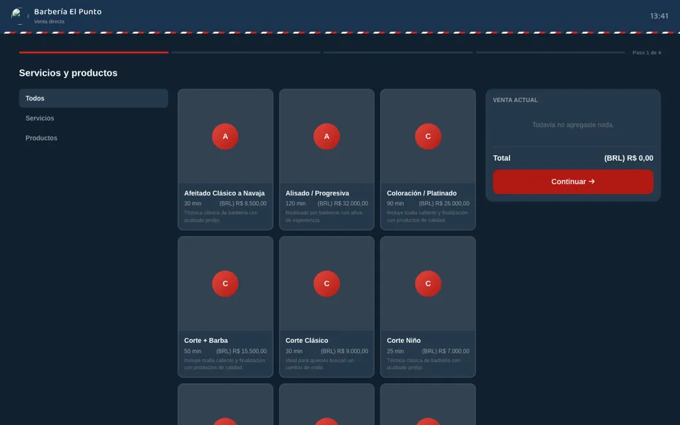 Pantalla de venta directa (PDV) de Barberya con servicios y productos